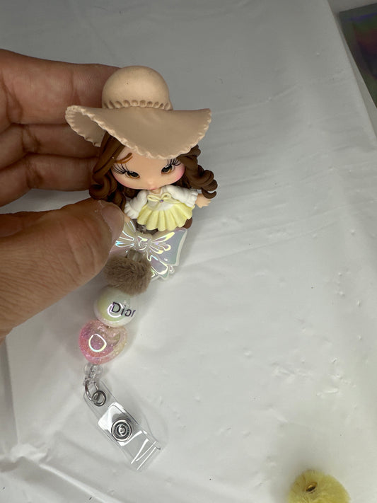 Yellow White Dress Brown Hair Girl Badge Reel