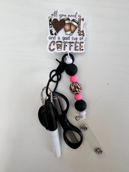 Coffee Beaded Badge Reel with Accessories Set