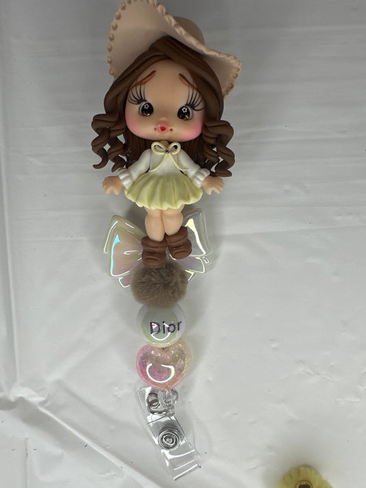 Yellow White Dress Brown Hair Girl Badge Reel